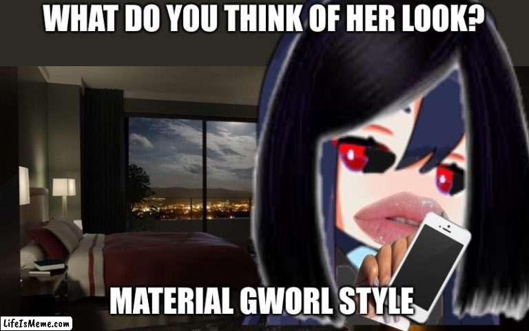 Material gworl pls rate it :> |  WHAT DO YOU THINK OF HER LOOK? MATERIAL GWORL STYLE | image tagged in night bedroom | made w/ Lifeismeme meme maker