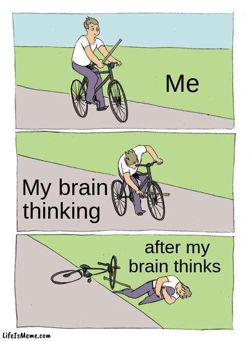 Me being dumb |  Me; My brain thinking; after my brain thinks | image tagged in memes,bike fall | made w/ Lifeismeme meme maker