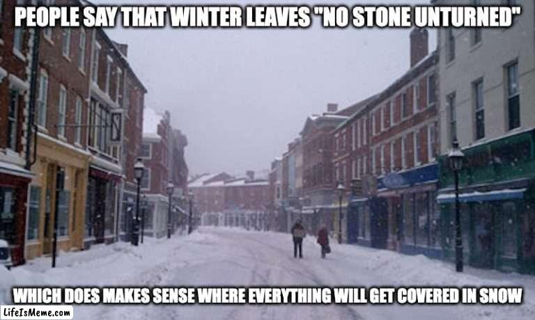 Snowy Downtown |  PEOPLE SAY THAT WINTER LEAVES "NO STONE UNTURNED"; WHICH DOES MAKES SENSE WHERE EVERYTHING WILL GET COVERED IN SNOW | image tagged in winter,memes | made w/ Lifeismeme meme maker