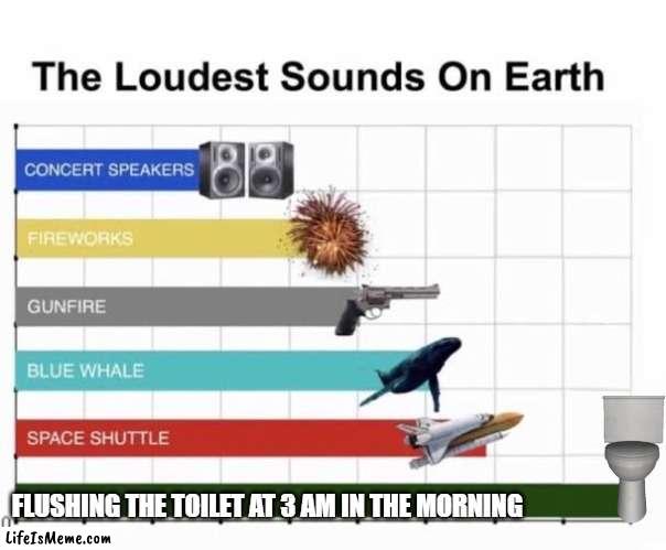 I ain't wrong tho |  FLUSHING THE TOILET AT 3 AM IN THE MORNING | image tagged in the loudest sounds on earth,relatable,3 am,toilet,toilets,flush | made w/ Lifeismeme meme maker