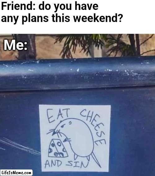 Eat cheeeeeeese |  Friend: do you have any plans this weekend? Me: | image tagged in memes,unfunny | made w/ Lifeismeme meme maker