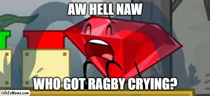 A BFDI meme in the style of a spunch bop meme because I'm bored. |  AW HELL NAW; WHO GOT RAGBY CRYING? | image tagged in bfdi ruby crying,bfdi,spunch bop | made w/ Lifeismeme meme maker