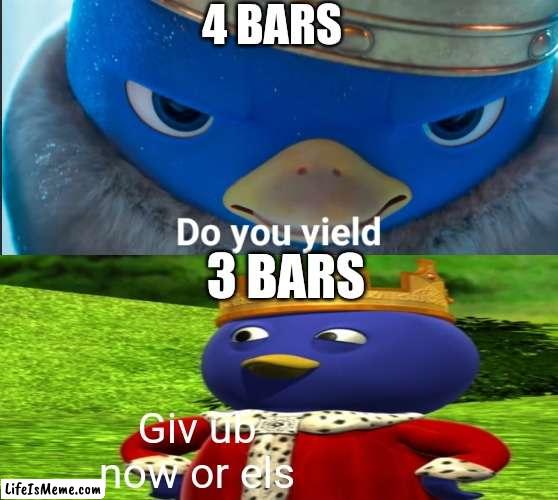 But y |  4 BARS; 3 BARS; Giv ub now or els | image tagged in do you yield,wifi drops,oh okay,y tho | made w/ Lifeismeme meme maker