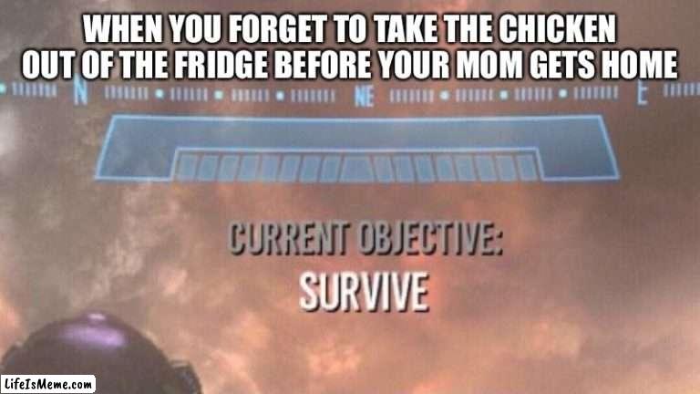 Oh shi- |  WHEN YOU FORGET TO TAKE THE CHICKEN OUT OF THE FRIDGE BEFORE YOUR MOM GETS HOME | image tagged in current objective survive | made w/ Lifeismeme meme maker