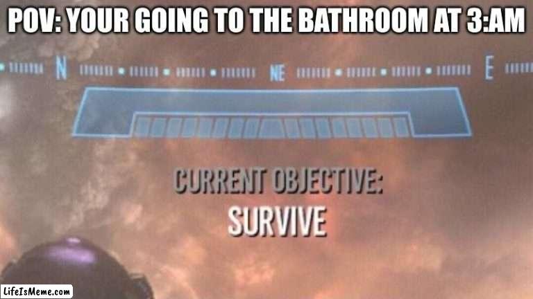 THE DEMONS THE DEMONS ARE COMING |  POV: YOUR GOING TO THE BATHROOM AT 3:AM | image tagged in current objective survive | made w/ Lifeismeme meme maker