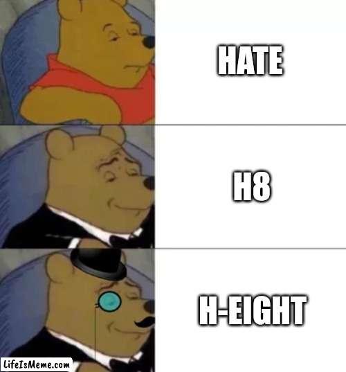 I Height You! |  HATE; H8; H-EIGHT | image tagged in fancy pooh,hate,tall,short,i hate you,numbers | made w/ Lifeismeme meme maker