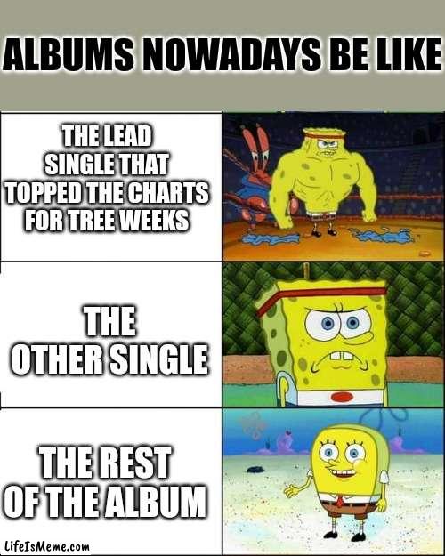 Name the artist! |  ALBUMS NOWADAYS BE LIKE; THE LEAD SINGLE THAT TOPPED THE CHARTS FOR TREE WEEKS; THE OTHER SINGLE; THE REST OF THE ALBUM | image tagged in strong spongebob flipped,music,album | made w/ Lifeismeme meme maker