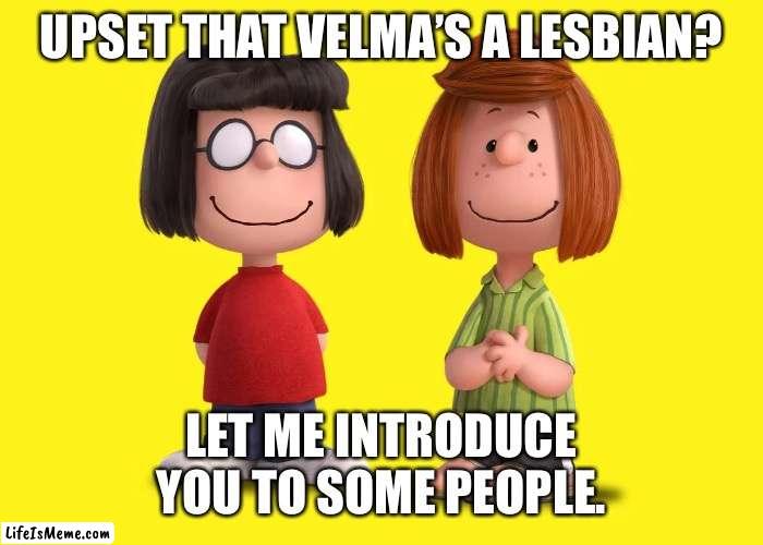 Rainbow Warriors |  UPSET THAT VELMA’S A LESBIAN? LET ME INTRODUCE YOU TO SOME PEOPLE. | image tagged in peanuts,funny,peanuts charlie brown peppermint patty | made w/ Lifeismeme meme maker