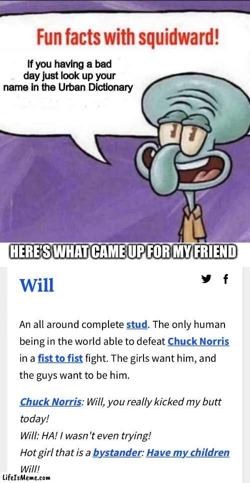 The Urban Dictionary |  If you having a bad day just look up your name in the Urban Dictionary; HERE’S WHAT CAME UP FOR MY FRIEND | image tagged in fun facts with squidward,will,urban dictionary | made w/ Lifeismeme meme maker
