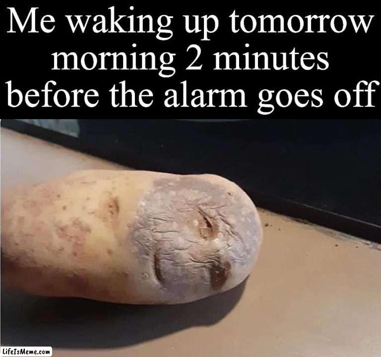 A little potato |  Me waking up tomorrow morning 2 minutes before the alarm goes off | image tagged in waking up,mr potato head,alarm clock,monday mornings | made w/ Lifeismeme meme maker