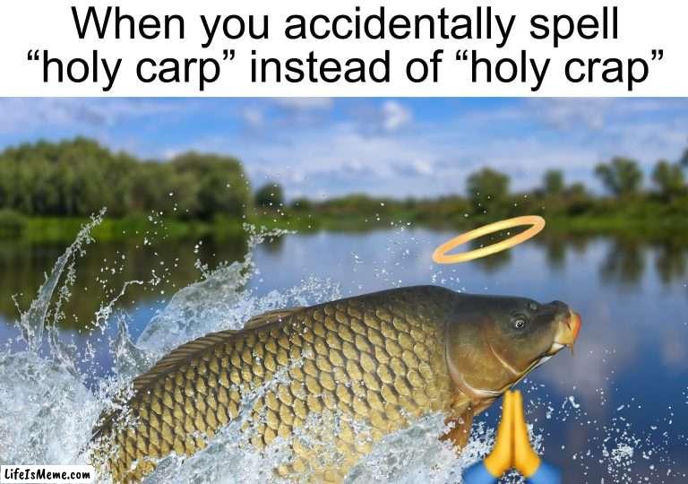 Holy carp! |  When you accidentally spell “holy carp” instead of “holy crap” | image tagged in memes,funny,fish,holy,woah,wait what | made w/ Lifeismeme meme maker