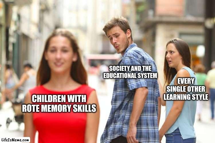 If  you teach a fish to climb a tree... |  SOCIETY AND THE EDUCATIONAL SYSTEM; EVERY SINGLE OTHER LEARNING STYLE; CHILDREN WITH ROTE MEMORY SKILLS | image tagged in memes,distracted boyfriend | made w/ Lifeismeme meme maker