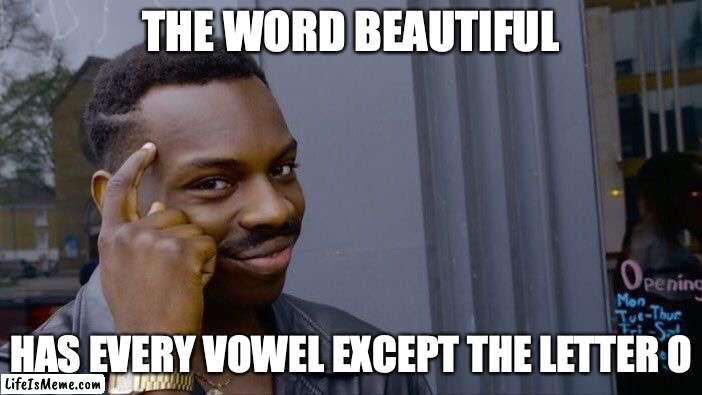 Little factoid for your brains! |  THE WORD BEAUTIFUL; HAS EVERY VOWEL EXCEPT THE LETTER O | image tagged in memes,roll safe think about it,beautiful,vowels,english,random facts | made w/ Lifeismeme meme maker