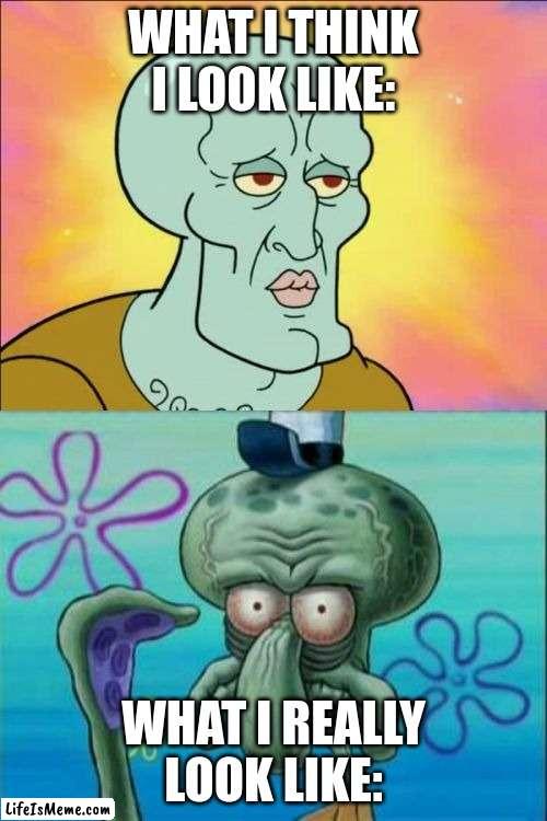 noyesnoyesnoyesnoyesnoyes |  WHAT I THINK I LOOK LIKE:; WHAT I REALLY LOOK LIKE: | image tagged in memes,squidward | made w/ Lifeismeme meme maker