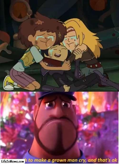 It’s okay to cry during reunions | image tagged in it's enough to make a grown man cry and that's ok,amphibia,disney channel,officer earl,cloudy with a chance of meatballs,reunion | made w/ Lifeismeme meme maker