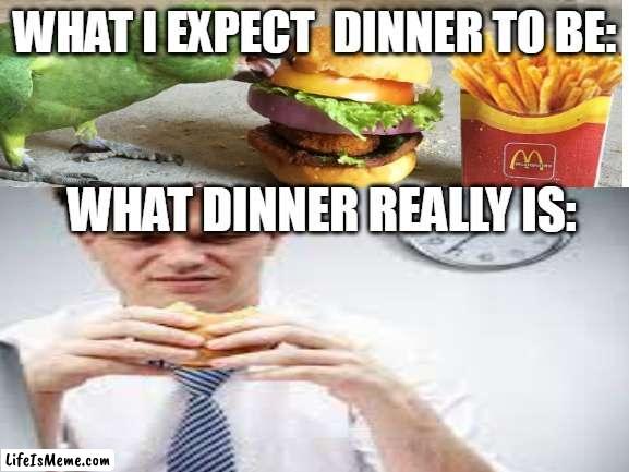 Yeah Like litreally |  WHAT I EXPECT  DINNER TO BE:; WHAT DINNER REALLY IS: | image tagged in dinner | made w/ Lifeismeme meme maker
