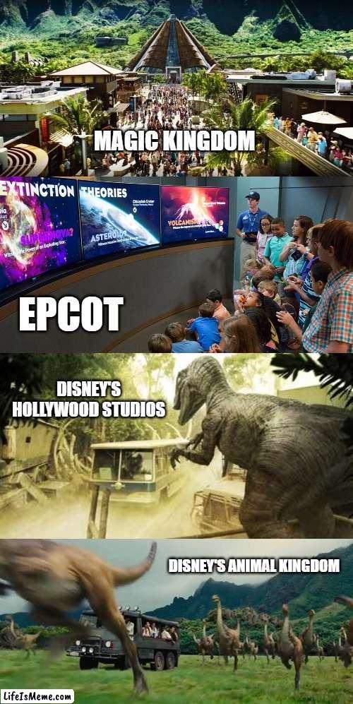 Disney Portrayed By Jurassic World 14: Walt Disney World |  MAGIC KINGDOM; EPCOT; DISNEY'S HOLLYWOOD STUDIOS; DISNEY'S ANIMAL KINGDOM | image tagged in disney,disney world,jurassic park,jurassic world,dinosaurs | made w/ Lifeismeme meme maker