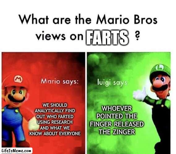 Mario vs Luigi |  FARTS; WE SHOULD ANALYTICALLY FIND OUT WHO FARTED USING RESEARCH AND WHAT WE KNOW ABOUT EVERYONE; WHOEVER POINTED THE FINGER RELEASED THE ZINGER | image tagged in mario bros views,memes,funny,farts | made w/ Lifeismeme meme maker