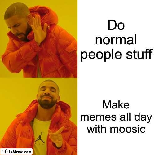 True dat man |  Do normal people stuff; Make memes all day with moosic | image tagged in memes,drake hotline bling | made w/ Lifeismeme meme maker