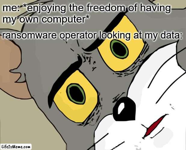 One reason to encrypt your data |  me: *enjoying the freedom of having 
my own computer*; ransomware operator looking at my data: | image tagged in memes,unsettled tom | made w/ Lifeismeme meme maker