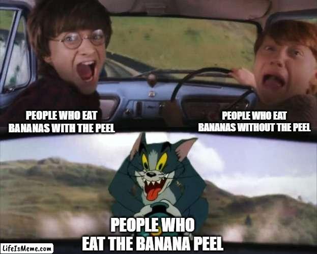 Tom chasing Harry and Ron Weasly |  PEOPLE WHO EAT BANANAS WITHOUT THE PEEL; PEOPLE WHO EAT BANANAS WITH THE PEEL; PEOPLE WHO EAT THE BANANA PEEL | image tagged in tom chasing harry and ron weasly | made w/ Lifeismeme meme maker