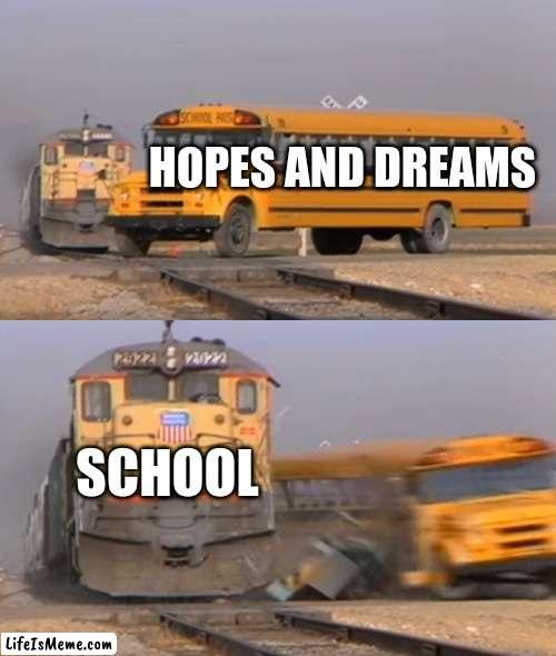 Hopes and dreams vs school |  HOPES AND DREAMS; SCHOOL | image tagged in a train hitting a school bus | made w/ Lifeismeme meme maker