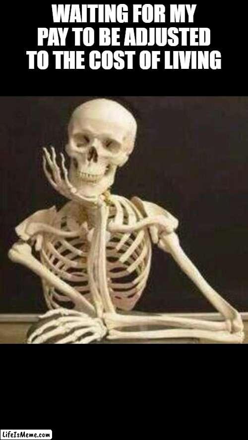 waiting for my pay to be adjusted to the cost of living |  WAITING FOR MY PAY TO BE ADJUSTED TO THE COST OF LIVING | image tagged in skeleton waiting | made w/ Lifeismeme meme maker