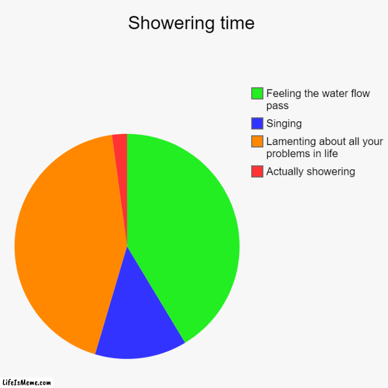 I'm bored so I made this | Showering time | Actually showering, Lamenting about all your problems in life, Singing, Feeling the water flow pass | image tagged in charts,pie charts | made w/ Lifeismeme chart maker