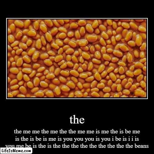 the the beans | the | the me me the me the the me me is me the is be me is the is be is me is you you you is you i be is i i is you me be is the is the the  | image tagged in funny,demotivationals | made w/ Lifeismeme demotivational maker