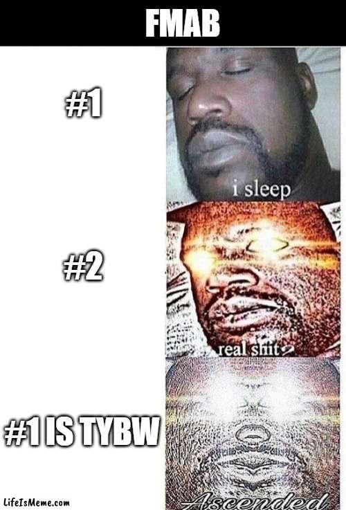 I sleep meme with ascended template |  FMAB; #1; #2; #1 IS TYBW | image tagged in i sleep meme with ascended template | made w/ Lifeismeme meme maker