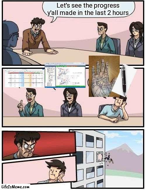 Hand line tracing | Let's see the progress y'all made in the last 2 hours | image tagged in memes,boardroom meeting suggestion,funny,fun,work | made w/ Lifeismeme meme maker