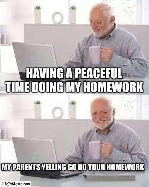 Facts!!!!! |  HAVING A PEACEFUL TIME DOING MY HOMEWORK; MY PARENTS YELLING GO DO YOUR HOMEWORK | image tagged in memes,hide the pain harold | made w/ Lifeismeme meme maker