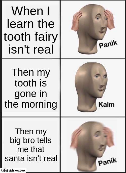 Being a younger sib |  When I learn the tooth fairy isn't real; Then my tooth is gone in the morning; Then my big bro tells me that santa isn't real | image tagged in memes,panik kalm panik | made w/ Lifeismeme meme maker