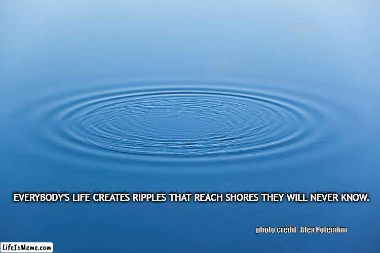 Life creates ripples. |  EVERYBODY'S LIFE CREATES RIPPLES THAT REACH SHORES THEY WILL NEVER KNOW. photo credit- Alex Potemkin | image tagged in teach,live,love | made w/ Lifeismeme meme maker