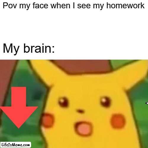 iq -100000 |  Pov my face when I see my homework; My brain: | image tagged in memes,surprised pikachu | made w/ Lifeismeme meme maker