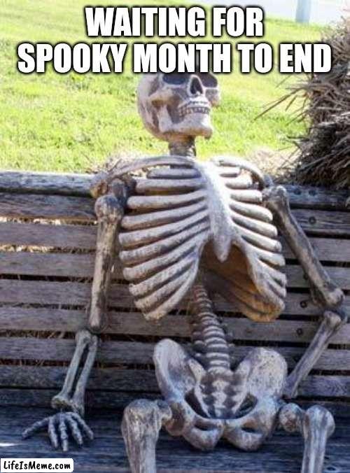 Me waiting for December.. |  WAITING FOR SPOOKY MONTH TO END | image tagged in memes,waiting skeleton | made w/ Lifeismeme meme maker