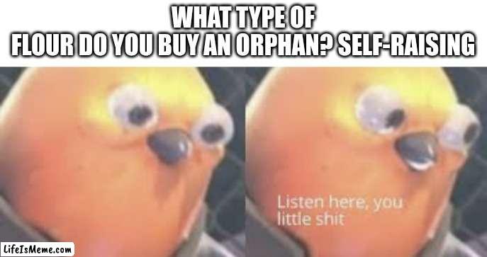 *CHOKES* |  WHAT TYPE OF FLOUR DO YOU BUY AN ORPHAN? SELF-RAISING | image tagged in listen here you little shit bird,funny memes,dark humor | made w/ Lifeismeme meme maker