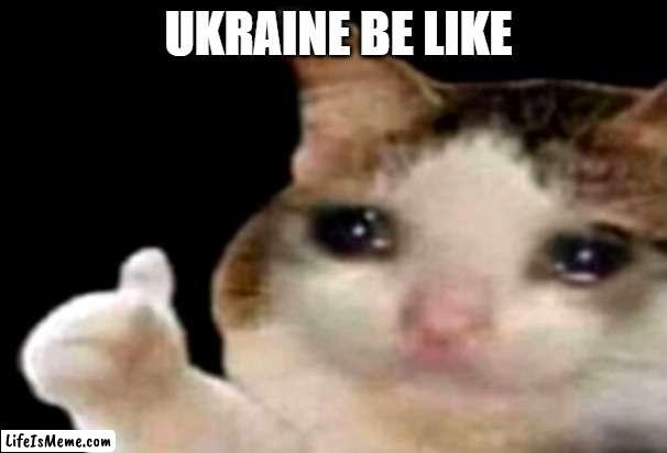 Sad cat thumbs up |  UKRAINE BE LIKE | image tagged in sad cat thumbs up,funny memes,cats | made w/ Lifeismeme meme maker