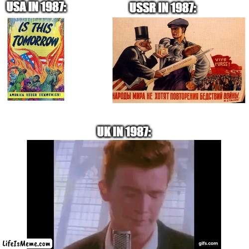 1987 |  USA IN 1987:; USSR IN 1987:; UK IN 1987: | image tagged in memes,funny,political meme,rickroll | made w/ Lifeismeme meme maker