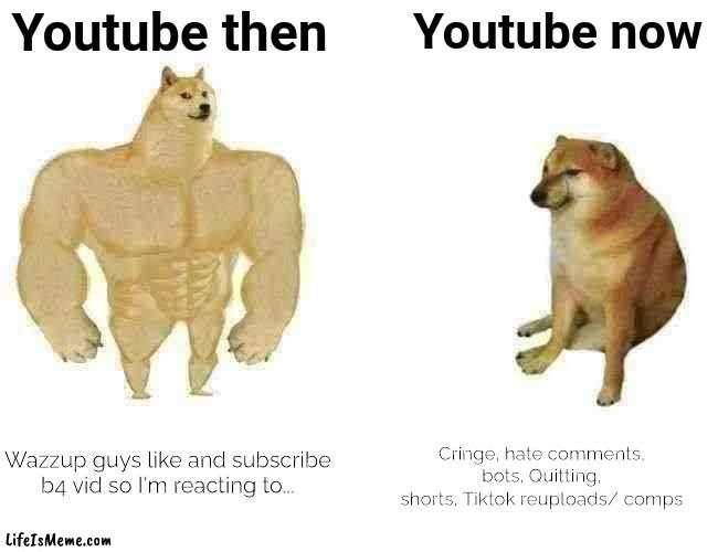 *insert creative title here* |  Youtube then; Youtube now; Wazzup guys like and subscribe b4 vid so I'm reacting to... Cringe, hate comments, bots, Quitting, shorts, Tiktok reuploads/ comps | image tagged in memes,buff doge vs cheems | made w/ Lifeismeme meme maker