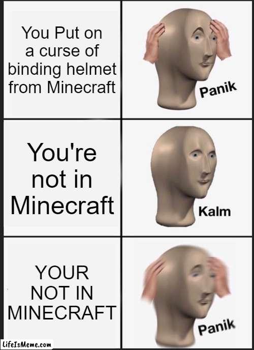 IM NOT IN MINECRAFTTTT |  You Put on a curse of binding helmet from Minecraft; You're not in Minecraft; YOUR NOT IN MINECRAFT | image tagged in memes,panik kalm panik | made w/ Lifeismeme meme maker