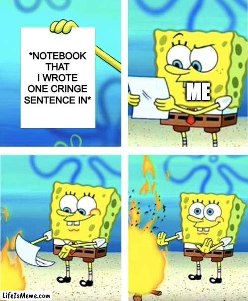 notebook meme |  *NOTEBOOK THAT I WROTE ONE CRINGE SENTENCE IN*; ME | image tagged in spongebob burning paper | made w/ Lifeismeme meme maker