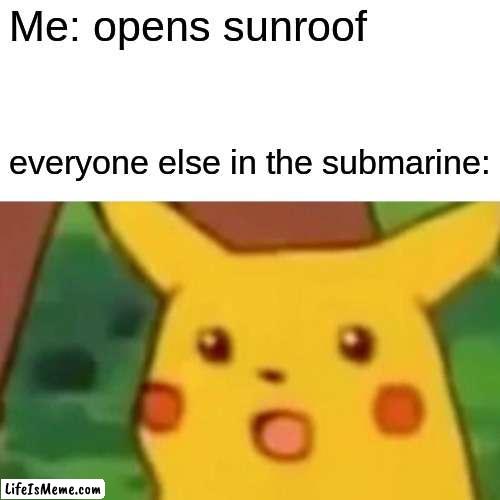 memes that make me cry 24 |  Me: opens sunroof; everyone else in the submarine: | image tagged in memes,surprised pikachu | made w/ Lifeismeme meme maker