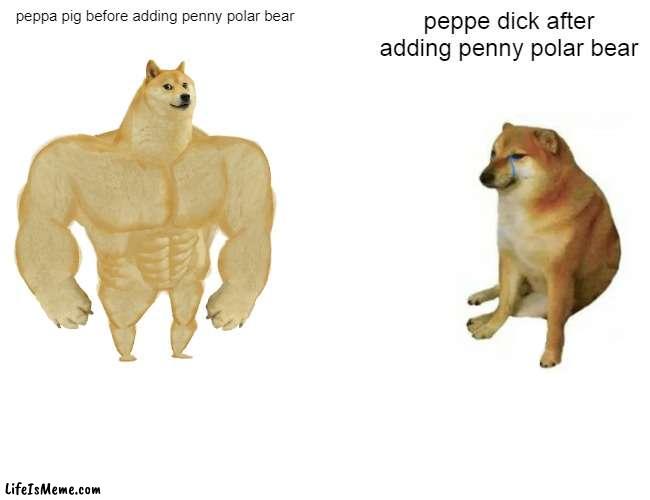 CANCEL ME TWITTER CANCEL ME |  peppa pig before adding penny polar bear; peppe dick after adding penny polar bear | image tagged in memes,buff doge vs cheems | made w/ Lifeismeme meme maker