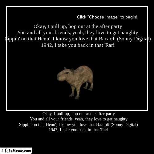 capybara pulls up? | Okay, I pull up, hop out at the after party
You and all your friends, yeah, they love to get naughty
Sippin' on that Henn', I know you love  | image tagged in funny,demotivationals,capybara | made w/ Lifeismeme demotivational maker