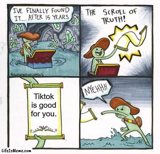 NYEHH |  Tiktok is good for you. | image tagged in memes,the scroll of truth,tiktok sucks,aaaaa,h | made w/ Lifeismeme meme maker