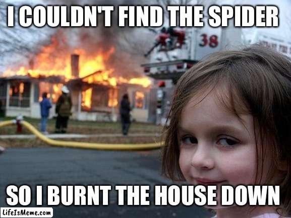 I would do the same |  I COULDN'T FIND THE SPIDER; SO I BURNT THE HOUSE DOWN | image tagged in memes,disaster girl | made w/ Lifeismeme meme maker