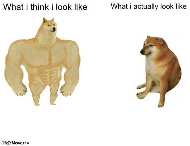 This is true to many |  What i think i look like; What i actually look like | image tagged in memes,buff doge vs cheems | made w/ Lifeismeme meme maker