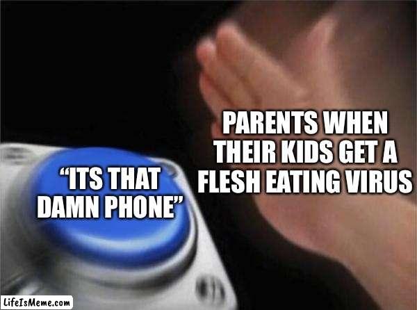 L parents |  PARENTS WHEN THEIR KIDS GET A FLESH EATING VIRUS; “ITS THAT DAMN PHONE” | image tagged in memes,blank nut button | made w/ Lifeismeme meme maker