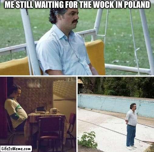 But he took the wooooooooooock to Poland |  ME STILL WAITING FOR THE WOCK IN POLAND | image tagged in memes,sad pablo escobar,sad,lol so funny,i have no idea what i am doing | made w/ Lifeismeme meme maker